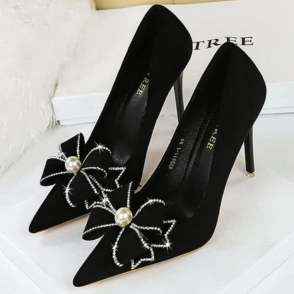 aichashi  -  Shoes Pearl Bowknot Women Pumps Rhinestone High Heels Suede Stilettos Lady 10.5 Cm Luxury Banquet Shoes Large Size 43