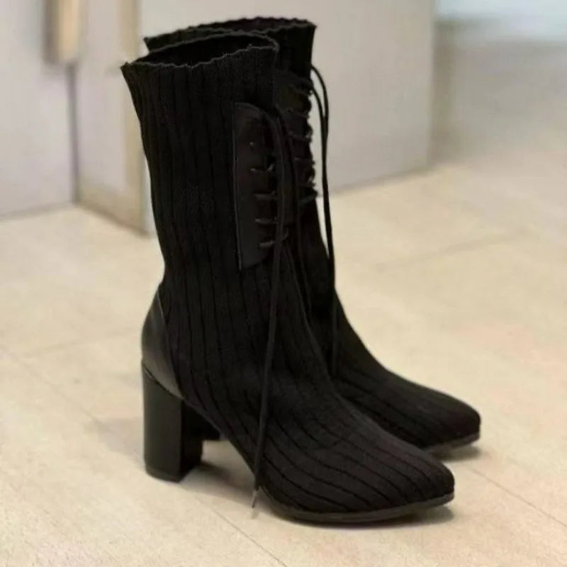 aichashi  -  Pointed Chunky Heel Boots Black Surname High Lace-up Knit Sock Boots Plus Size 43 Non-slip Banquet Boots Thigh High