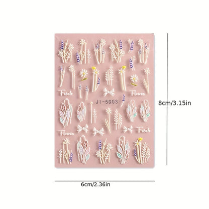 3 Sheets Embossed Flower Leaves Nail Art Stickers Decals Self-Adhesive Nail Art Decoration Manicure Accessories