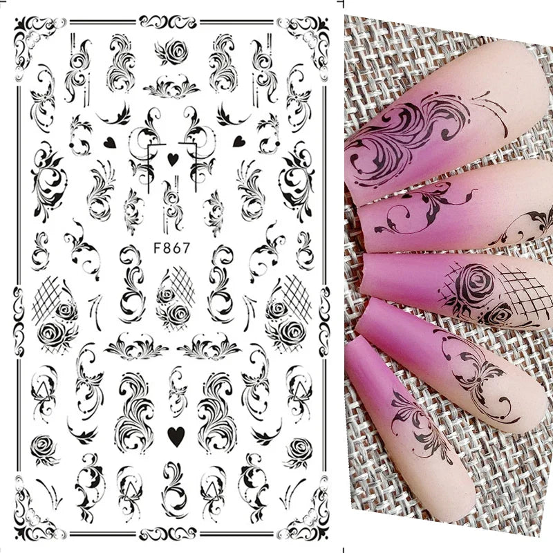 Aichashi 1PCS Black White Butterfly Laser Nail Stickers Y2K Nail Art Decoration Abstract Lines Bronzing Flowers Stickers For Nails