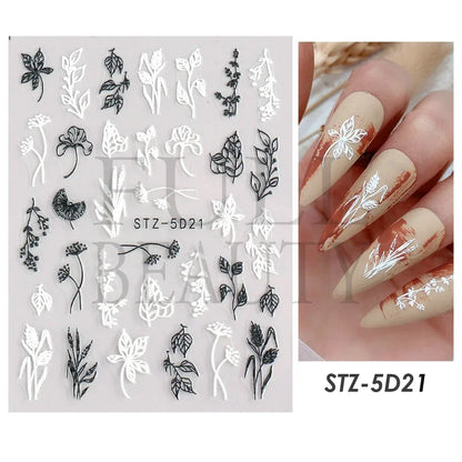 Aichashi 5D Embossed Filigree Stickers Nail Design Brown White Lace Necklace Adhesive Nail Decals Star Moon Carved Decor Sliders SASW-5D