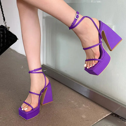 aichashi  -  New High Heels Women Sandals Square Toe Open Toe Pumps Platform Shoes Red Blue Thin Band Sexy Fashion Designer Party Dress Shoes