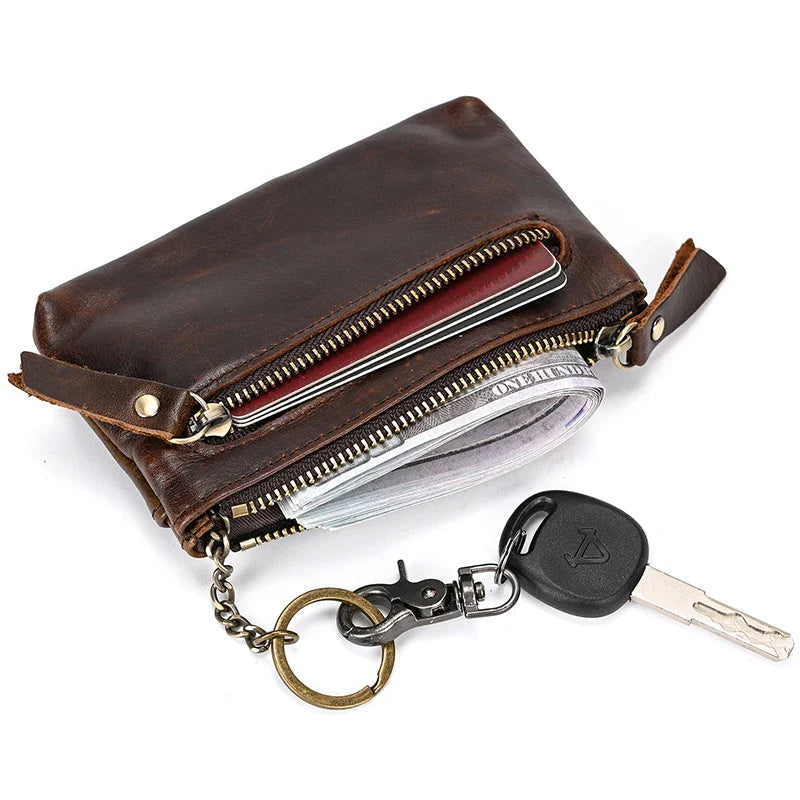 Aichashi Genuine Leather Zipper Coin Wallet Men Wowen Natural Leather Small Short Purse Card Holder Cash Clutch Wallets Key Ring