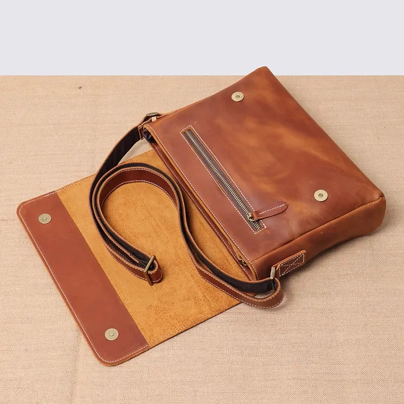 Aichashi Retro Top Layer Cowhide Leather Men's Flap Shoulder Bag Daily Casual Horizontal Crossbody Bag 9.7 Inches Ipad Bag