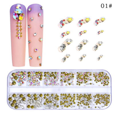 12 Grids/Box Multi-Size Nail Art Rhinestone Decorations AB Crystal Diamond Gems 3D Nails Glitter Glass Non Hotfix Strass Jewelry