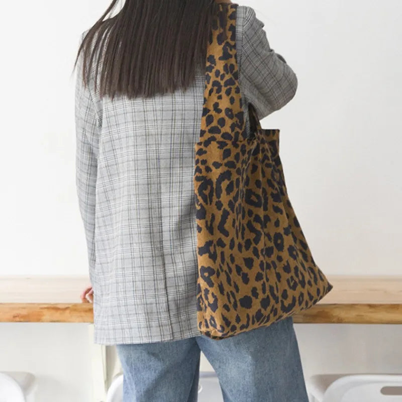 Classic Leopard Printing Top-handle Bag Women Corduroy Shopping Bag Large Capacity Book Tote Bag Female Casual Shoulder Bag