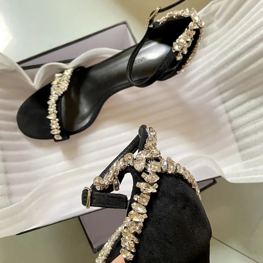 aichashi  -  Crystal Design High Heels Women Open-toe Black Strappy Heels Suede Summer New Party Dress Rhinestone Sandals Femmes Pumps