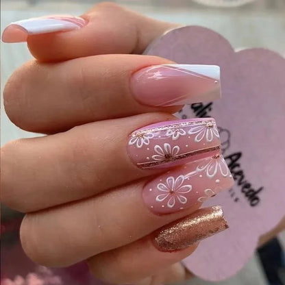 Aichashi 24Pcs Square Head Fake Nails with French Design sweet cool crack marble False Nail Wearable Acrylic Full Cover Press on Nails