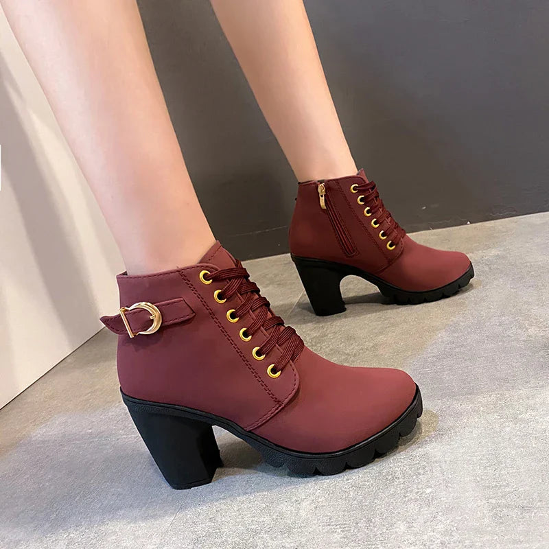 Aichashi New Spring Winter Women Pumps Boots High Quality Lace-up European Ladies Shoes PU High Heels Boots Fast Delivery Platform Boots