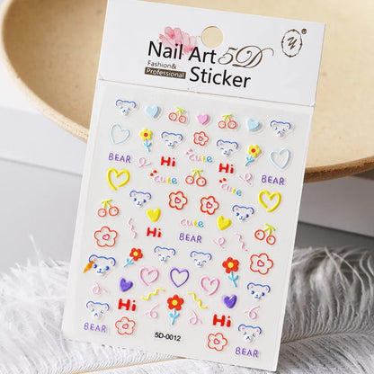 1PC 5D Macaron Flower/Fruit Nail Charms Sticker Embossed Bear/Rabbit/Letter Nails Slider Decals Summer Adhesive Manicure Decor&Y