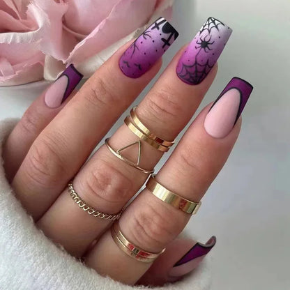 24pcs Halloween Nails White Spider Web Love Fale nails Long Coffin Ballet Purple Acrylic Nail Art Patch Full Cover Detachable