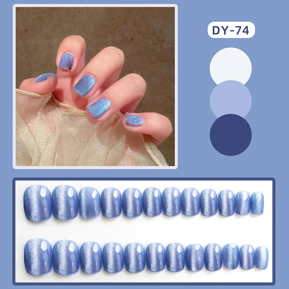 Aichashi 24pcs Cat Eye False Nail Deep Blue Color Fake Nail Tips Full Cover Nail Art Long Coffin Ballet Press on Nail Manicure Nail Tips