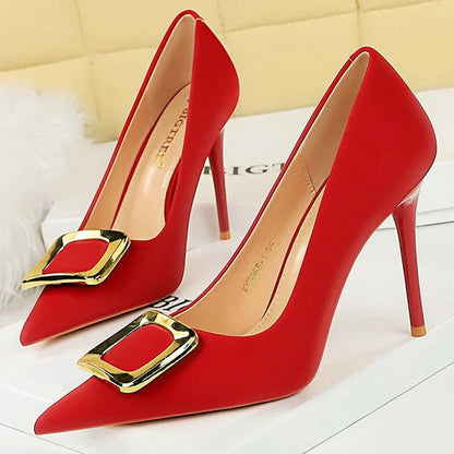 aichashi  -  Shoes Metal Buckle High Heels Women Shoes Silks Satins Pointed Toe Women Pumps Stilettos Fashion Office Shoes 10 Colors