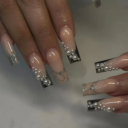 Aichashi 24Pcs Wearable False Nails with Cream Glue Extra Long Coffin Fake Nails with Rhinestone Removable Pink French Press on Nails Tip