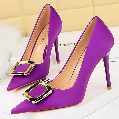 aichashi  -  Shoes Metal Buckle High Heels Women Shoes Silks Satins Pointed Toe Women Pumps Stilettos Fashion Office Shoes 10 Colors