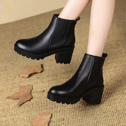 Aichashi Fashionable Comfortable Round Toe High Heels Casual Thick Heel Short Solid Color 2024 New Autumn Winter Women's Boots