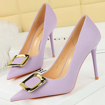 aichashi  -  Shoes Metal Buckle High Heels Women Shoes Silks Satins Pointed Toe Women Pumps Stilettos Fashion Office Shoes 10 Colors