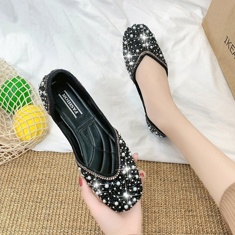 Aichashi Glitter Crystal Pearl Pink Flats Ballet Shoes Women Moccasins Square Toe Slip on Summer Loafers Shallow Ballerina Flats Female