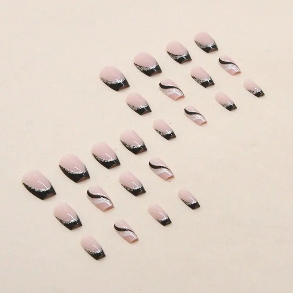 24pcs DIY Manicure Love Heart French Press on Nails Ballerina Glitter Black Silver Short French Fake Nails