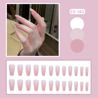 24PC/Box Fashion False Nails Artificial Milky White Pink Gradients Long Ballet Nail Tips Full Cover Acrylic Fake Nails With Glue