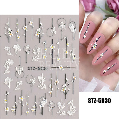 Aichashi 5D Embossed Nail Stickers Flowers Bird Geometric Lines Gold Frame Floral Nail Decals Cherry Blossom Y2K Manicure Decor