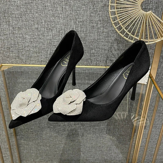 aichashi  -  Flowers Pointed Toe Stiletto Heels Women Rhinestone Luxury Designer Shoes Suede Sexy Elegant Offices High Heels Female Pumps