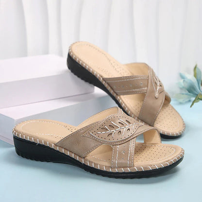 Aichashi Ethnic Style Wedges Sandals Women 2024 Summer Pu Leather Low Heels Slippers Woman Lightweight Non Slip Outdoor Slides Female