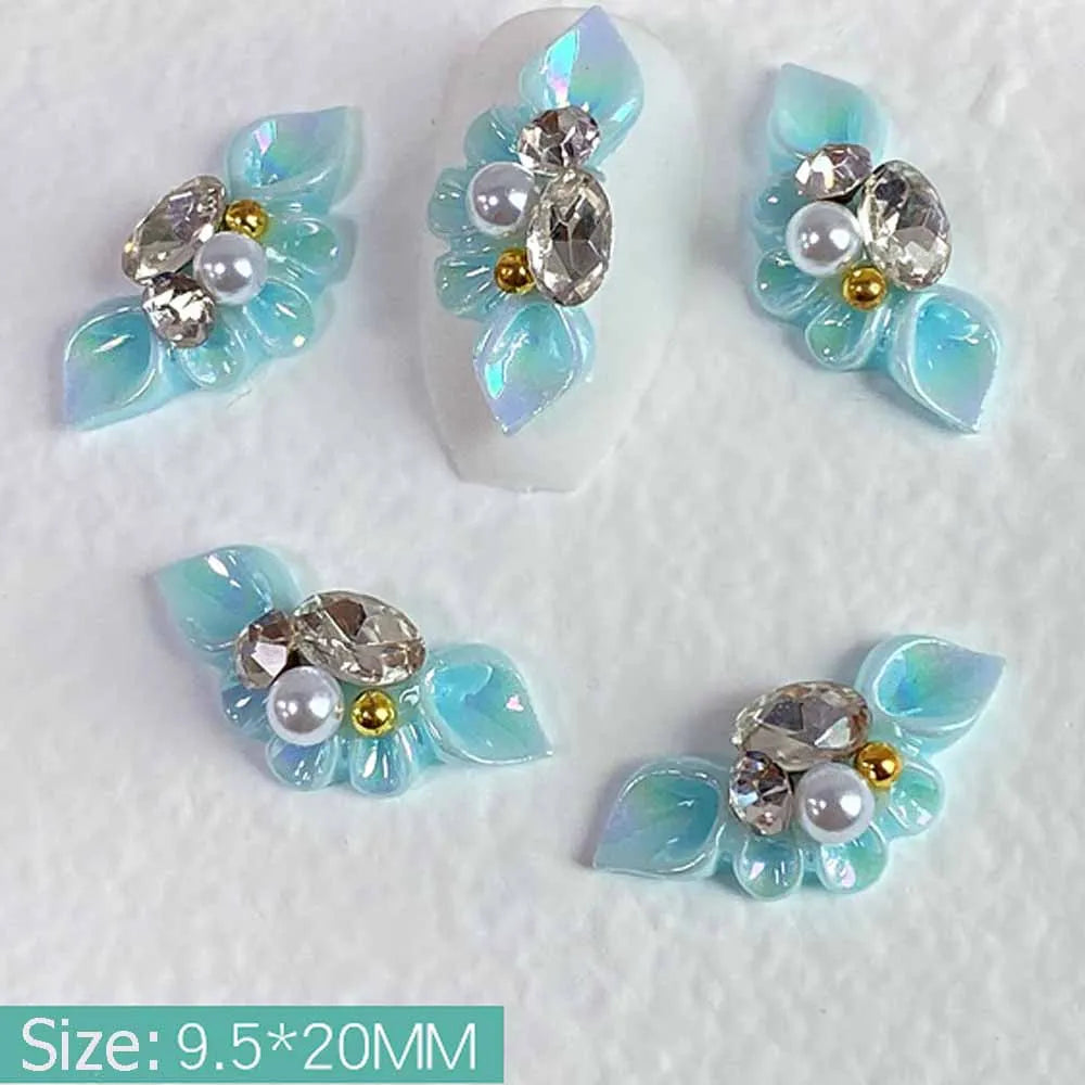 Aichashi 5Pcs Aurora Side Flower Nail Art Charms 3D Acrylic Flowers With Pearl Rhinestone Crystal Nail Art Decoration Nail DIY Accessorie