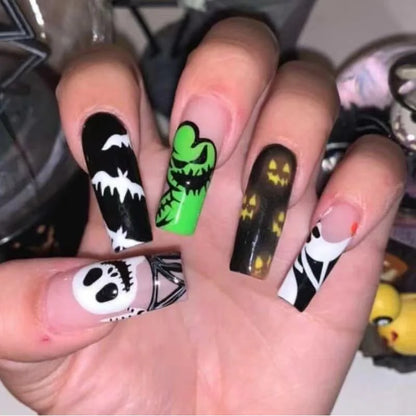 Aichashi New Halloween Fake Nails Patch Black Almond/Coffin Head Artificial Nail Tips Pumpkin Spider Ghost Printed Press on Nail for Girl