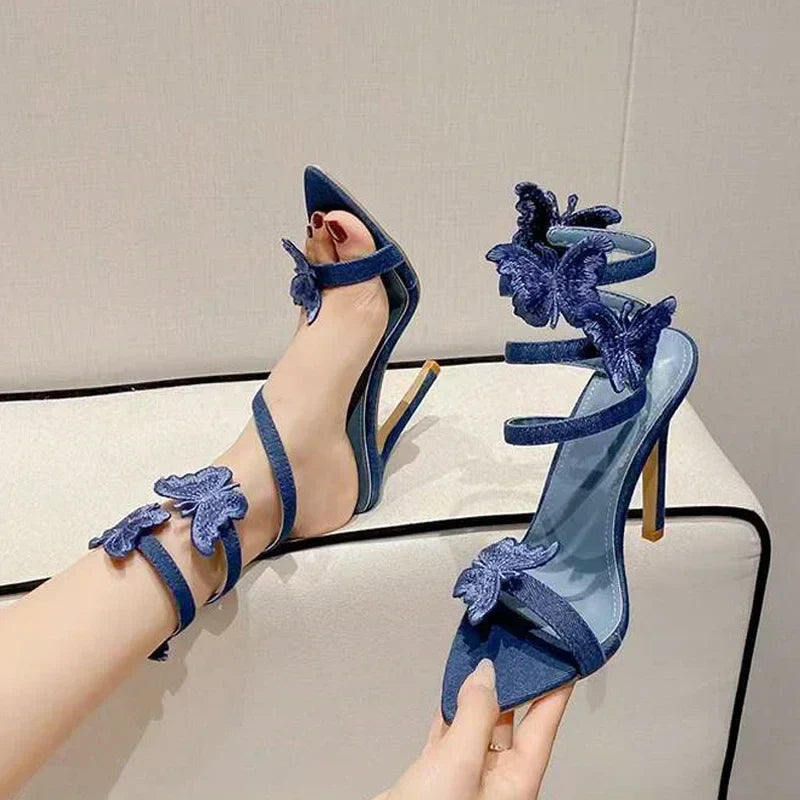 aichashi  -  Butterfly Ankle Strap Sandals Women Summer New Sexy Party Dress Shoes Cowboy Designer Shoes Denim High Heels Ladies Pumps