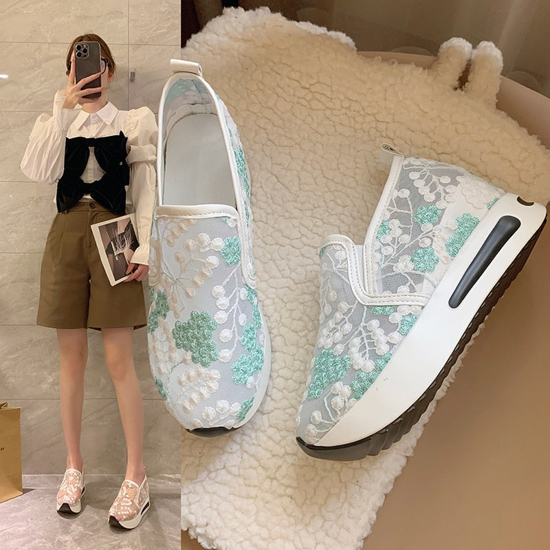 Aichashi Female Wedge Shoes Sequin Mesh Breathable Shoes Women White Gold Platform Sneakers Women Height Increasing Wedges Shoes Casual