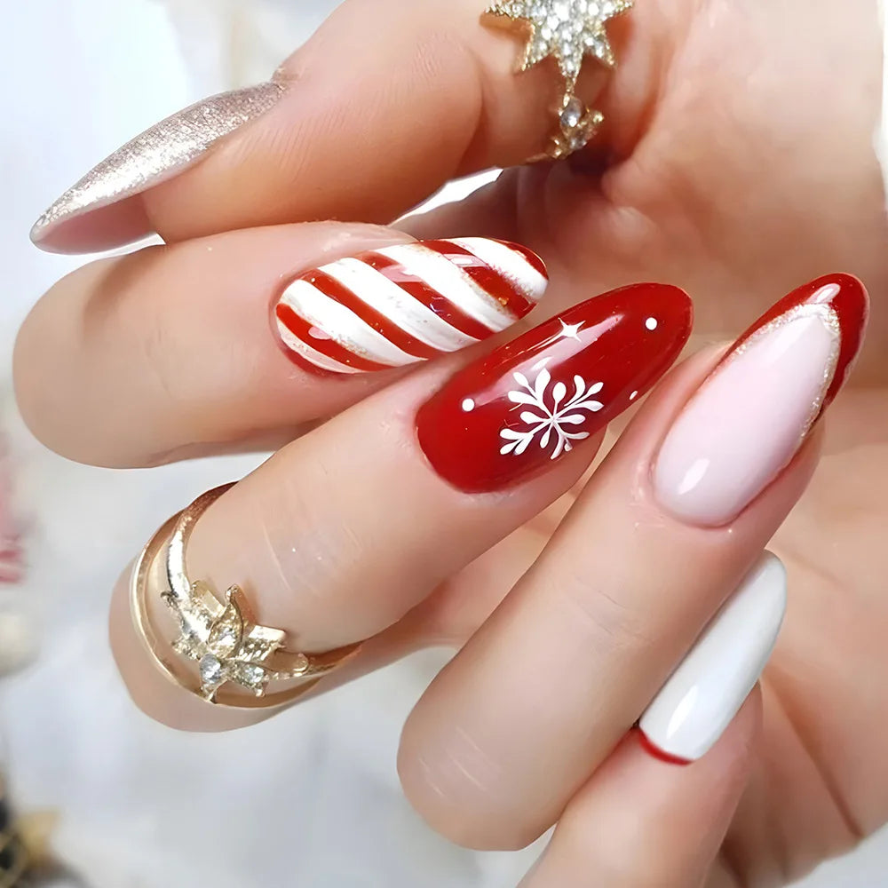 aichashi New Christmas Fake Nails Cute Elk Snowflake Pattern Red Color Press on Nails Artificial Nails Tip Christmas Gifts for Girls