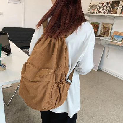 Aichashi BACK TO SCHOOL Girl Solid Color Retro Style Canvas Korean Casual Women Backpack Harajuku High School Students Washed Canvas Drawstring Backpack