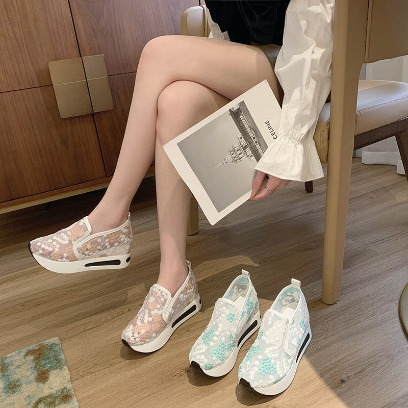 Aichashi Female Wedge Shoes Sequin Mesh Breathable Shoes Women White Gold Platform Sneakers Women Height Increasing Wedges Shoes Casual