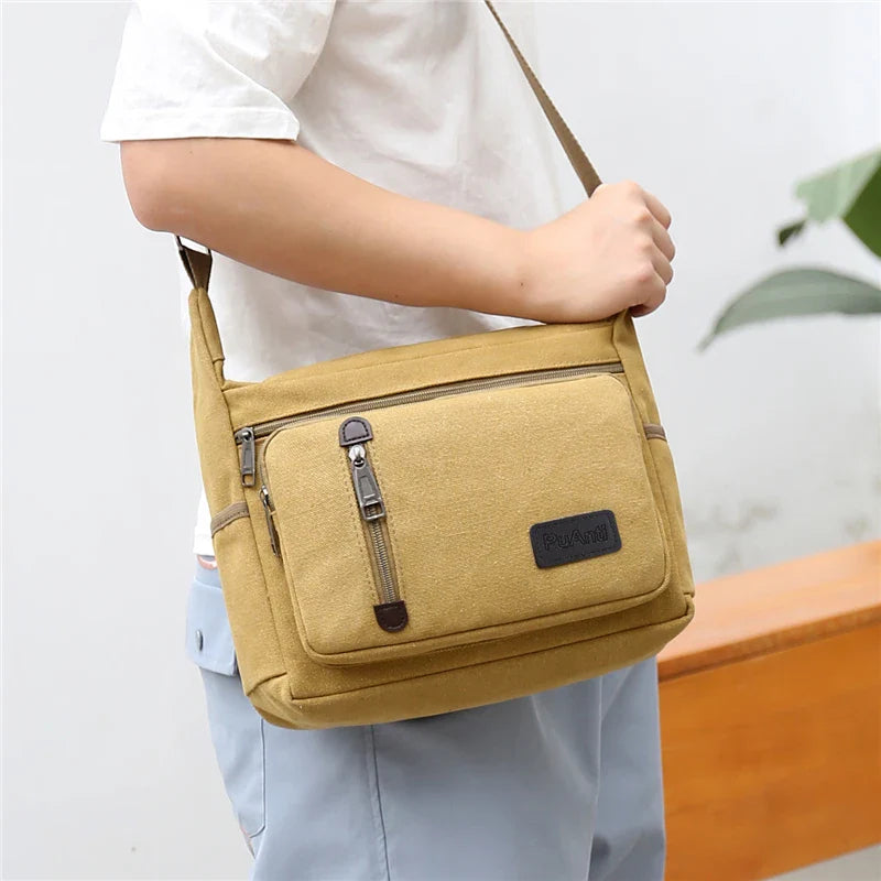 Aichashi Men's Bag Large Capacity Multifunction Solid Industrial Style Canvas Shoulder Bag For Men Daily Work Crossbody Bag