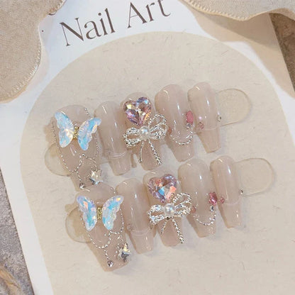 Aichashi 10Pcs Handmade Press On Nails Pink Fake Nails 3D Love Heart Moon Butterfly Rhinestone Design Y2k False Nail Full Cover Nail Tips