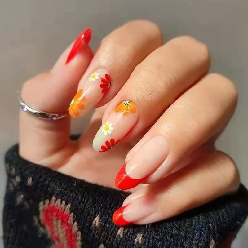 Almond False Nails 24Pcs Press On Nails Color Flower Printed Red and Yellow Autumn Manicure Nail Tips Full Cover