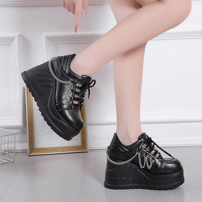 Aichashi Metal Chain Punk Gothic Shoes Woman Thick Bottom High Wedge Sneakers for Women New Black Chunky Platform Y2K Uniform Shoes