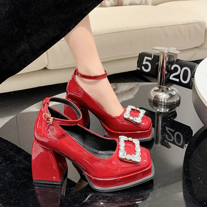 aichashi  -  Crystal Buckle Platform Pumps Women Thick Heels Mary Jane Shoes Woman Leather Square Toe High Heels Shoes Laides Chaussure Femme