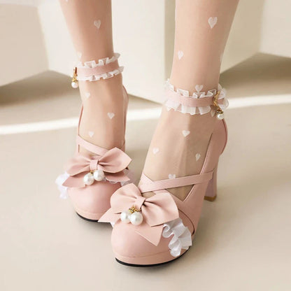 aichashi  -  Sweet Cross Ankle Strap Women High Heels Mary Janes Pumps Party Wedding Cosplay Pink Bowtie Princess Lolita Shoes Big Size 33 45