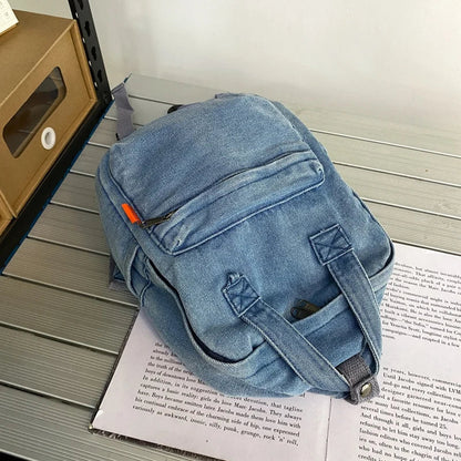 Aichashi BACK TO SCHOOL Casual Denim Student Bag Portable Multi-functional Travel Backpack Light Blue Fashionable Denim Backpack