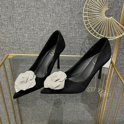 aichashi  -  Flowers Pointed Toe Stiletto Heels Women Rhinestone Luxury Designer Shoes Suede Sexy Elegant Offices High Heels Female Pumps