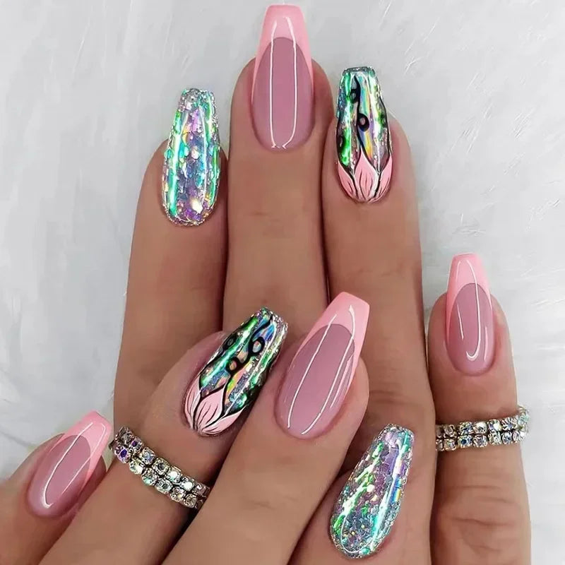 24Pcs/Set Acrylic Long Ballet Press on Nail Tips Coffin Wearing Reusable False Nails Art Colorful Glossy Fake Nails Artificial