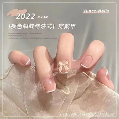 24PCS Ballerina Long Square Nail Tips False Nails Wearable Fake Nails Butterfly INS French Pearl Design Press on Nails for Woman