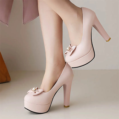 aichashi  -  Spring Elegant Woman Pumps White Pink Black Wedding Party Dress Shoes Platform Female High Heels Bow Ladies Size 34-43