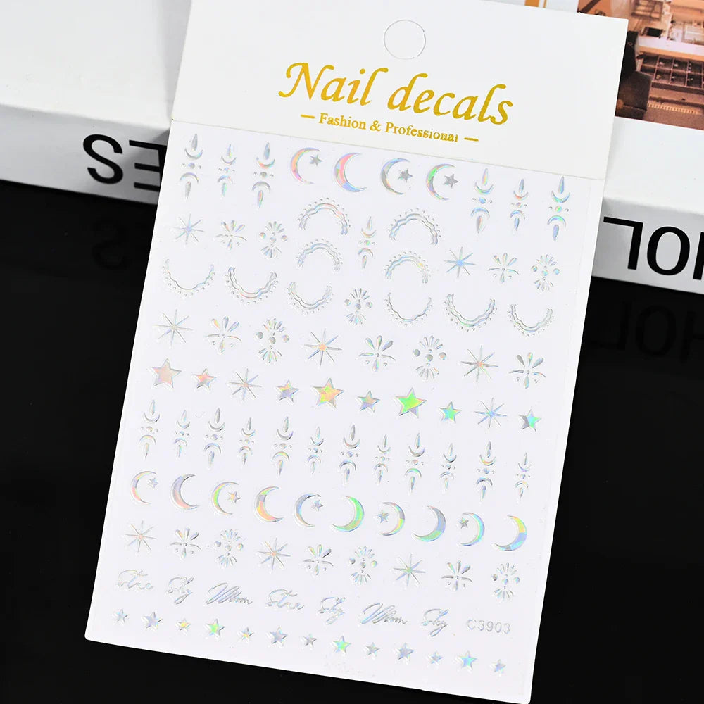 3D Gold Sun/Moon/Star Bronzing Nail Art Sticker 8*10cm Laser Star Moon Design Nail Decal Gold Silver Self-Adhesive Slider