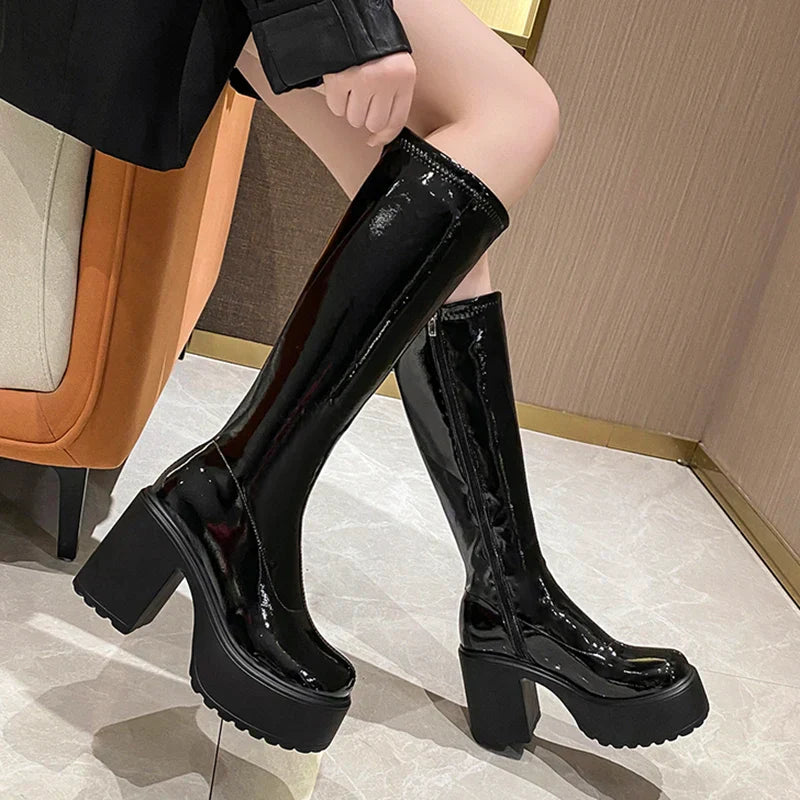 Aichashi Chunky Heel Platform Long Boots for Women Black Patent Leather Knee High Boots Woman Winter Thick High Heels Punk Shoes