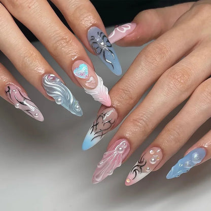 24Pcs Love Bow Almond Pink blue False Nails with glue French Glitter Fake Nails with Designs Full Cover Press on Nail Tips