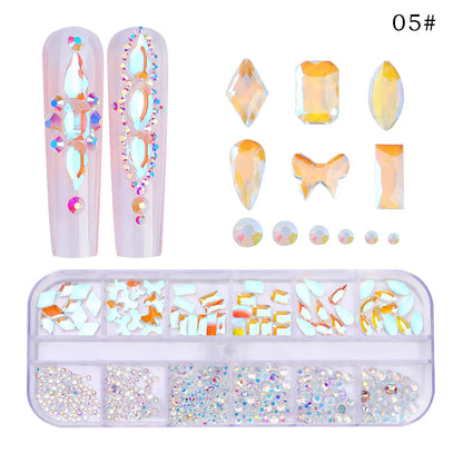 12 Grids/Box Multi-Size Nail Art Rhinestone Decorations AB Crystal Diamond Gems 3D Nails Glitter Glass Non Hotfix Strass Jewelry