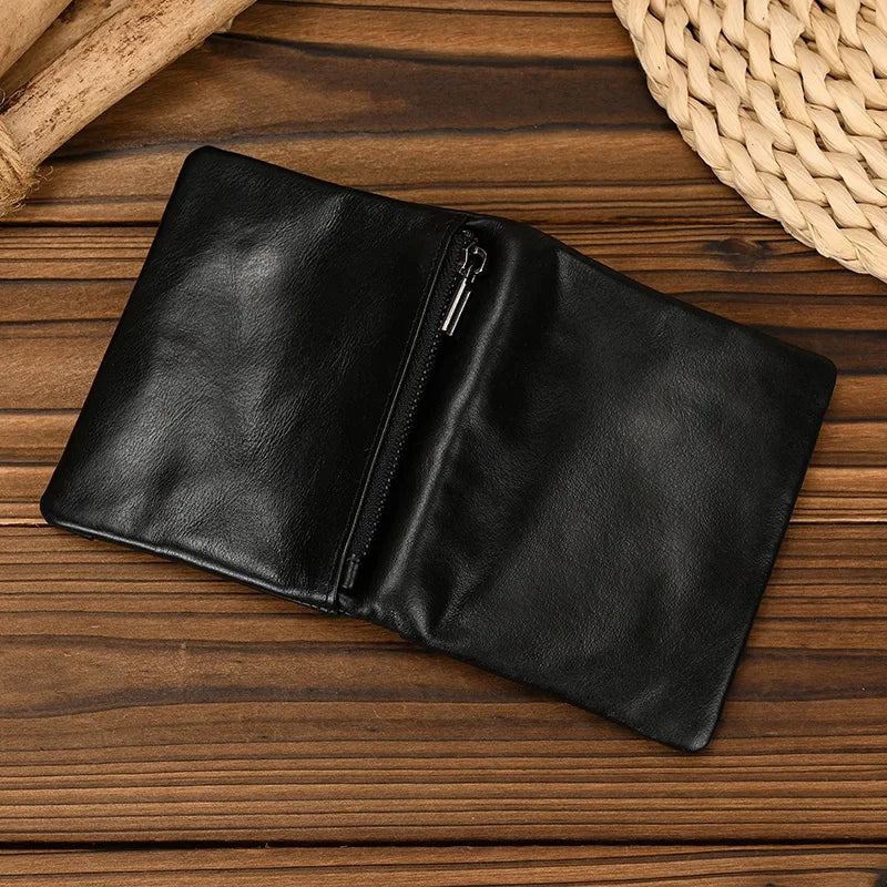 Aichashi Genuine Leather Short Wallet Bifold Card Holder Short Purse Male Cow Leather Men's Coin Wallet Real Cowskin Zipper Wallet